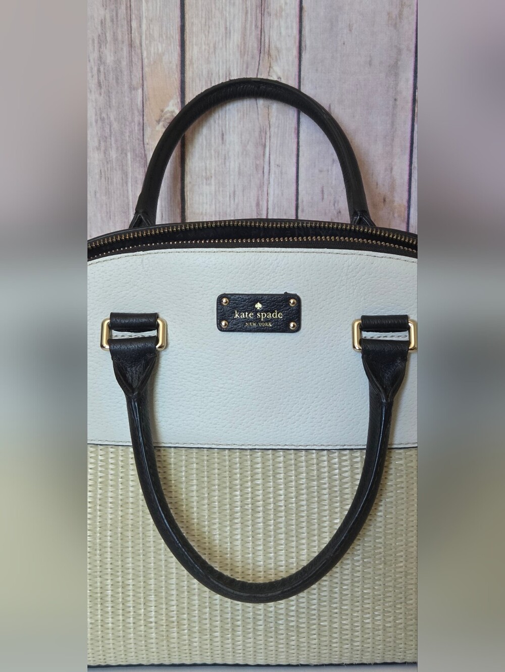 kate spade Cream & Black Dome Satchel with Woven Base - Picture 4 of 16